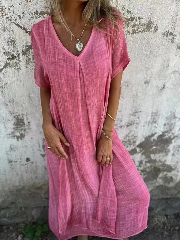 Liora™ | Vestido Midi de Algodón y Lino con Escote en V