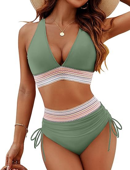 Bikini de talle alto con vientre moldeado y diseño colorido