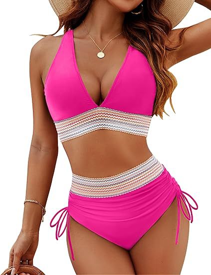 Bikini de talle alto con vientre moldeado y diseño colorido