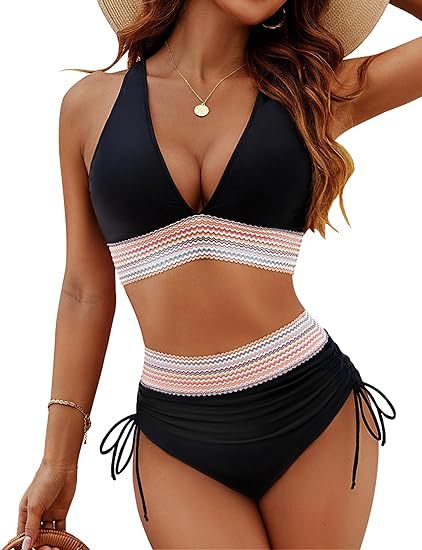 Bikini de talle alto con vientre moldeado y diseño colorido