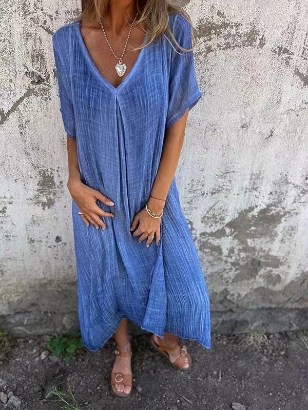 Liora™ | Vestido Midi de Algodón y Lino con Escote en V