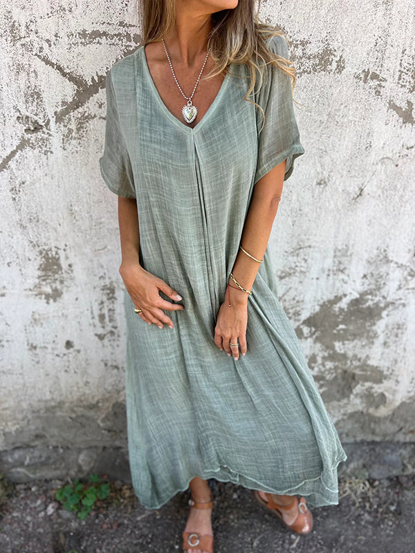 Liora™ | Vestido Midi de Algodón y Lino con Escote en V