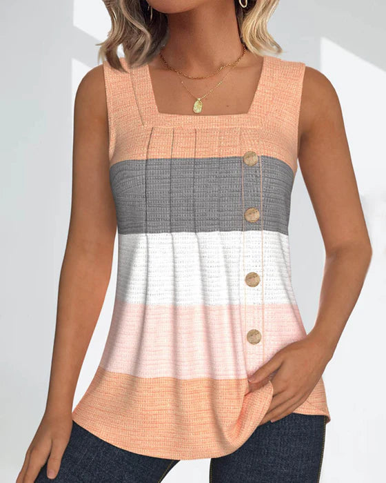 Camiseta de tirantes a rayas con botones y pliegues