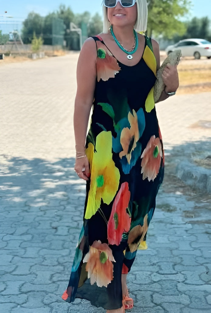 Elegante vestido floral sin mangas