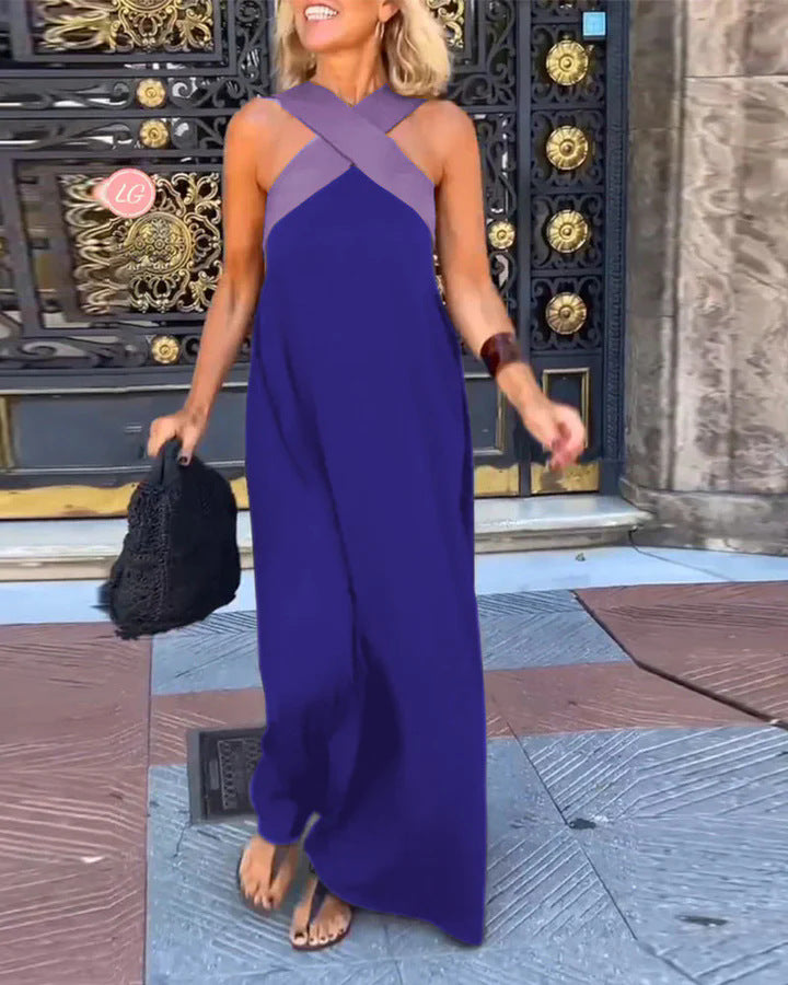 Elegante vestido cruzado sin espalda con contraste de color
