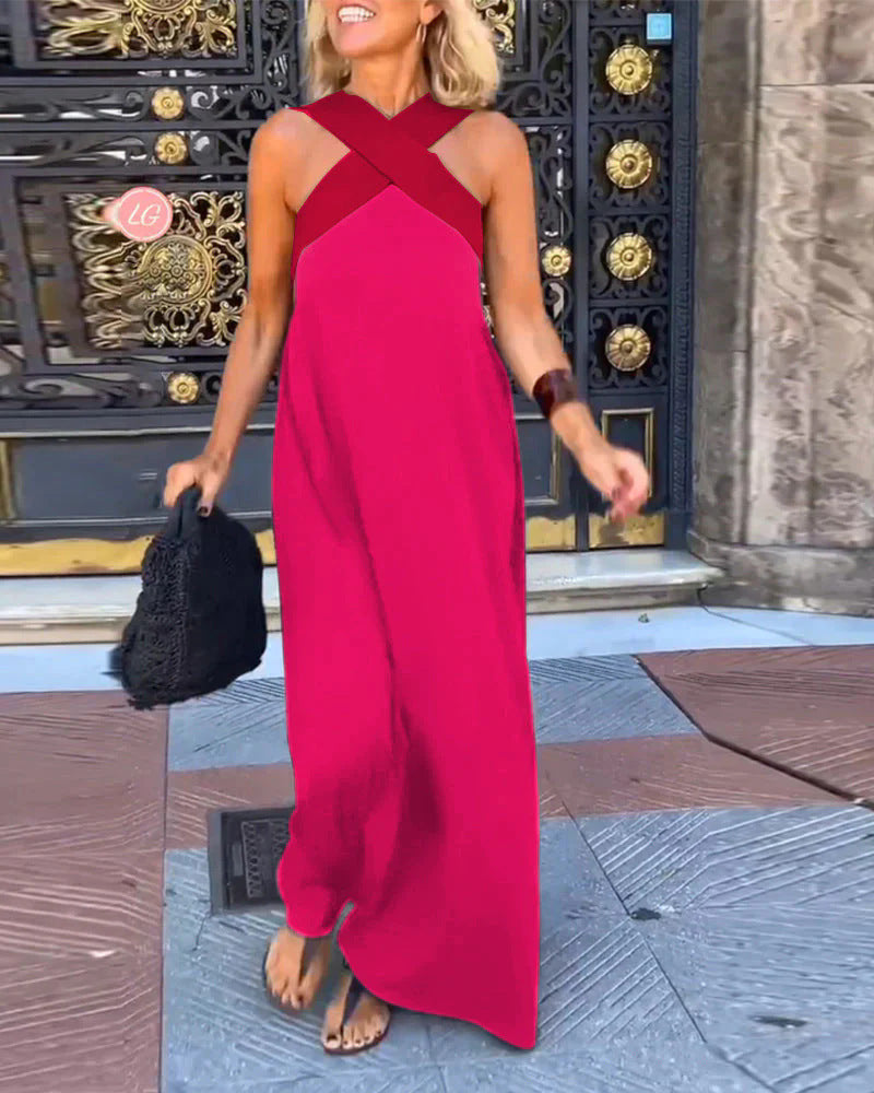 Elegante vestido cruzado sin espalda con contraste de color