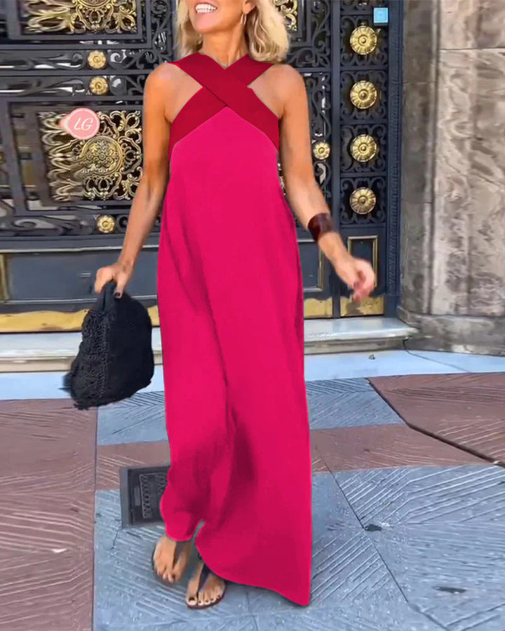 Elegante vestido cruzado sin espalda con contraste de color