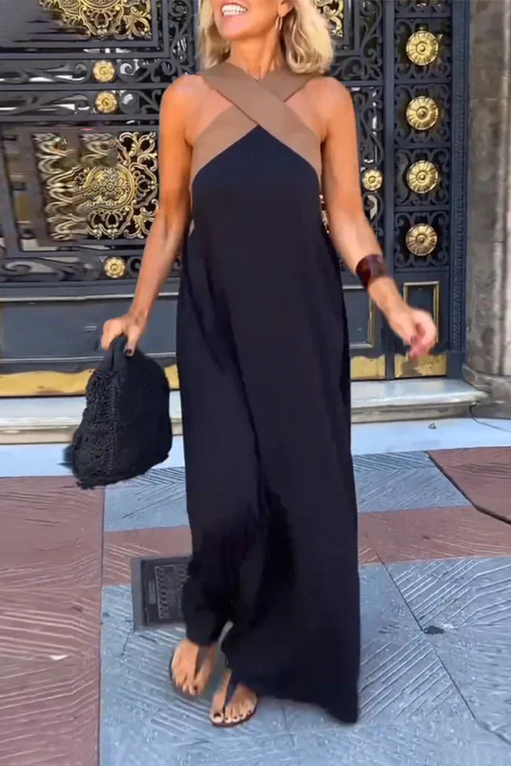 Elegante vestido cruzado sin espalda con contraste de color