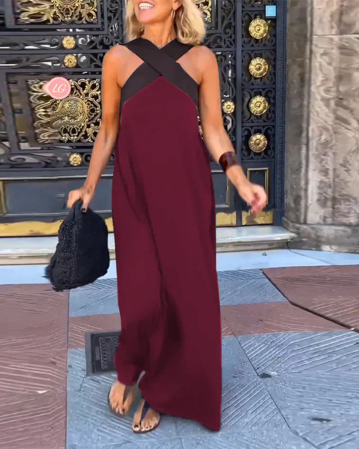 Elegante vestido cruzado sin espalda con contraste de color