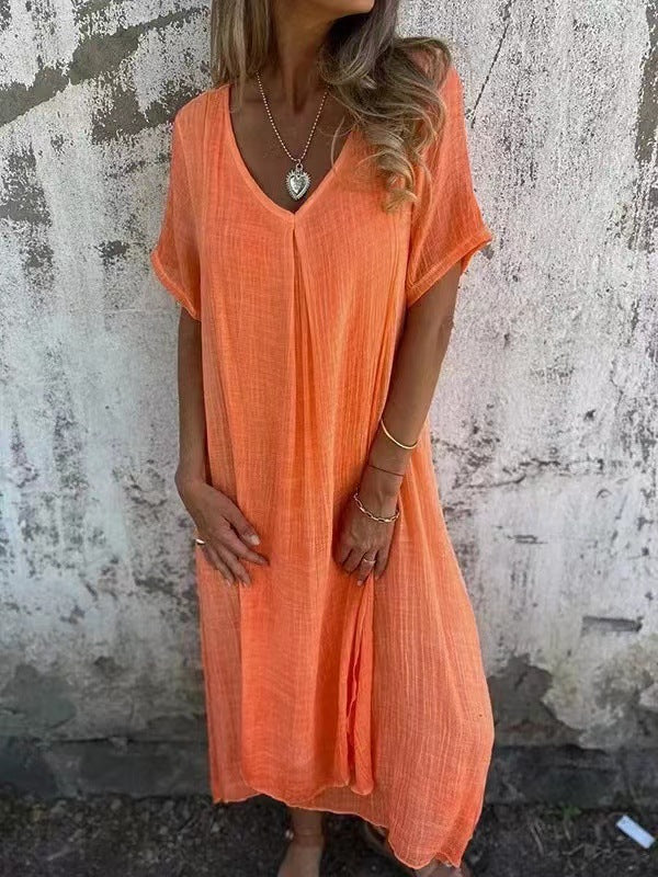 Liora™ | Vestido Midi de Algodón y Lino con Escote en V