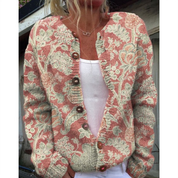 Marisol™ | Cárdigan vintage de punto con estampado floral y botones