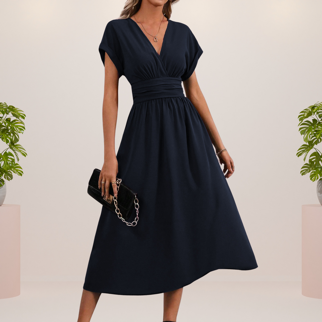 Elegante vestido midi con escote en V y lazo