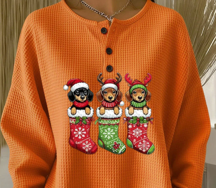 Maya™ | Suéter navideño acogedor con estampado de perritos festivos