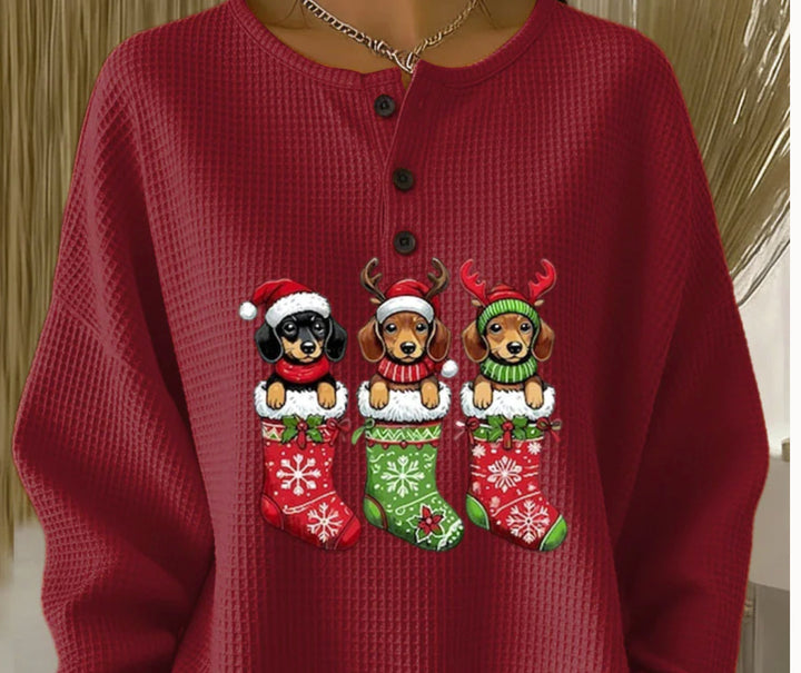 Maya™ | Suéter navideño acogedor con estampado de perritos festivos