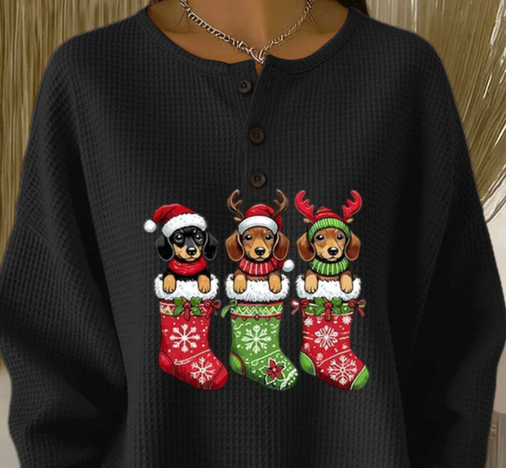Maya™ | Suéter navideño acogedor con estampado de perritos festivos